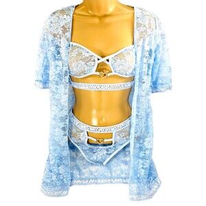 G World Intimates Lingerie Set Robe Bra Thong Lace Cut Out Blue Floral S M Sexy